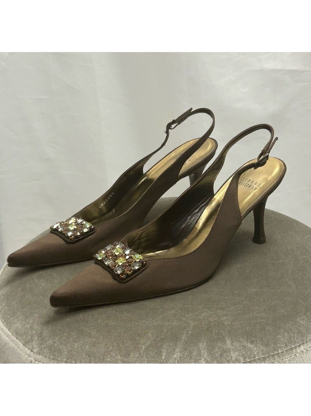 Stuart Weitzman Brown Satin Sling Back Low Heel Gem Jewelled Buckle Formal Sz 11